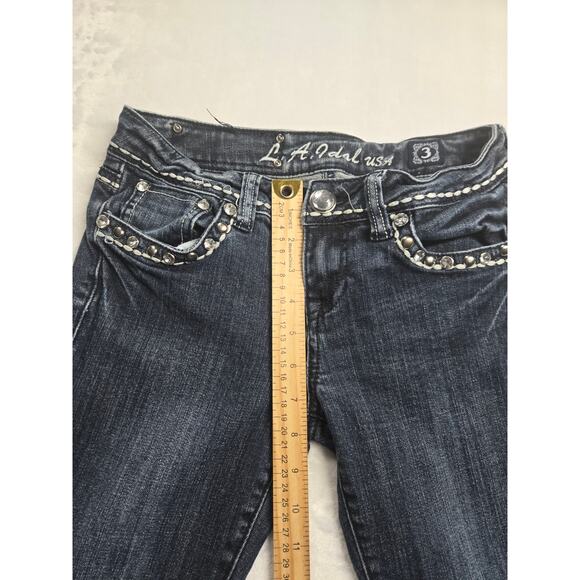 LA Idol USA Women's Size Tag 3 (24x33) Blue Denim Embellished Jeans Flap Pockets - Picture 8 of 9